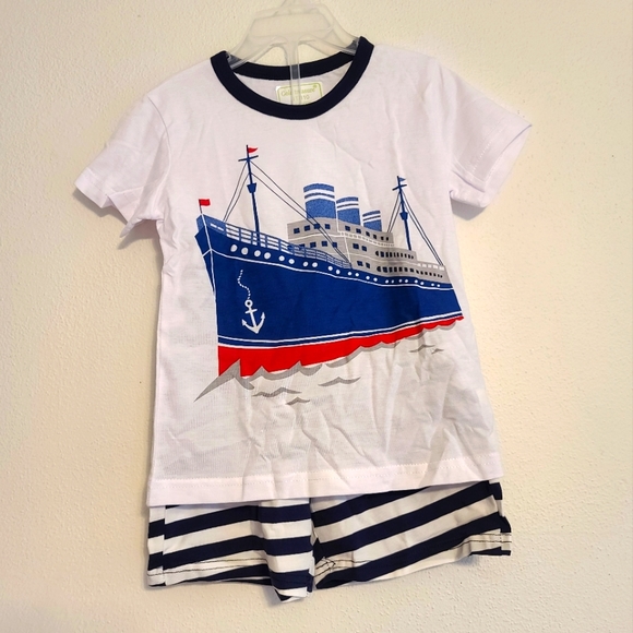Gold Treasure Toddler Size 4T Boat & Striped Drawstring Shorts 2 Outfit Set - Picture 1 of 5